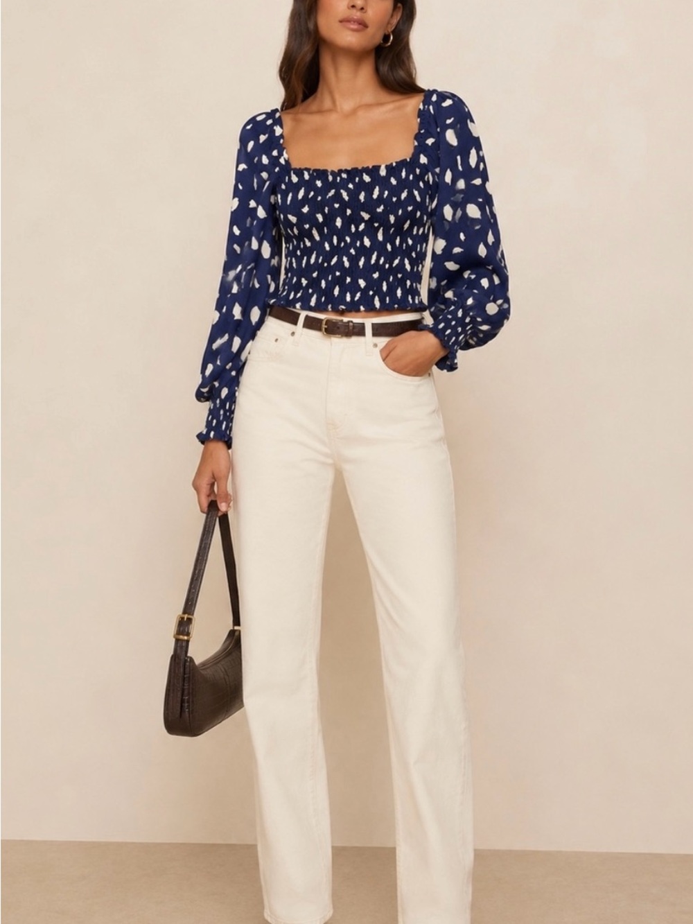 Navy Smocked Square Neck blouse